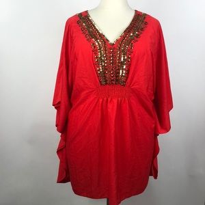 Denim 24/7 Dark Coral Top Gold Jewel Neckline 28W